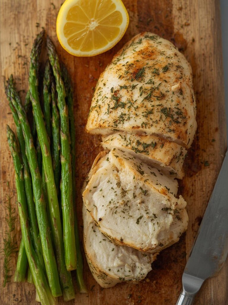 Slices of juicy Lemon Herb Baked Chicken Breast resting on a wooden board next to fresh asparagus, representing healthy chicken breast dishes.