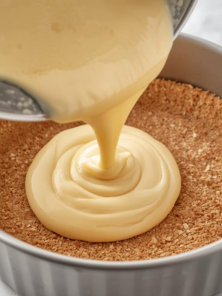 Pouring creamy keto cheesecake batter into a springform pan