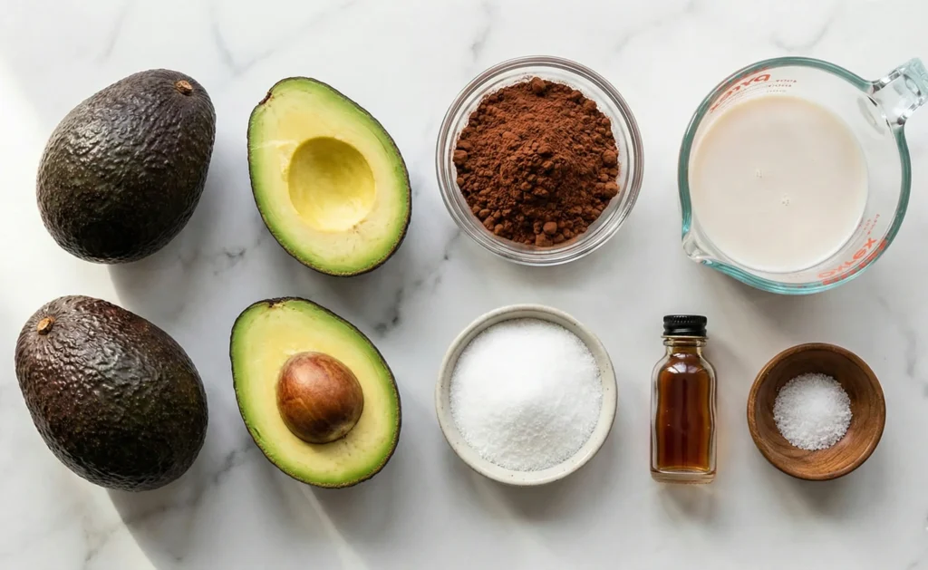 Low carb chocolate mousse ingredients including avocados, cocoa powder, almond milk, and sweetener on marble surface