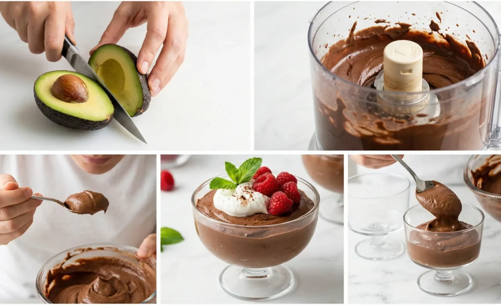 Five step-by-step photos showing how to make low carb chocolate mousse from cutting avocados to final plated dessert