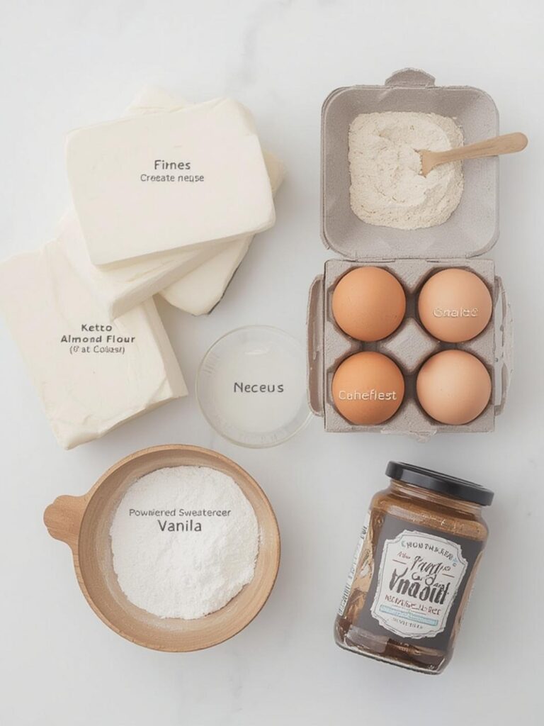 Keto cheesecake ingredients including cream cheese, almond flour, and erythritol