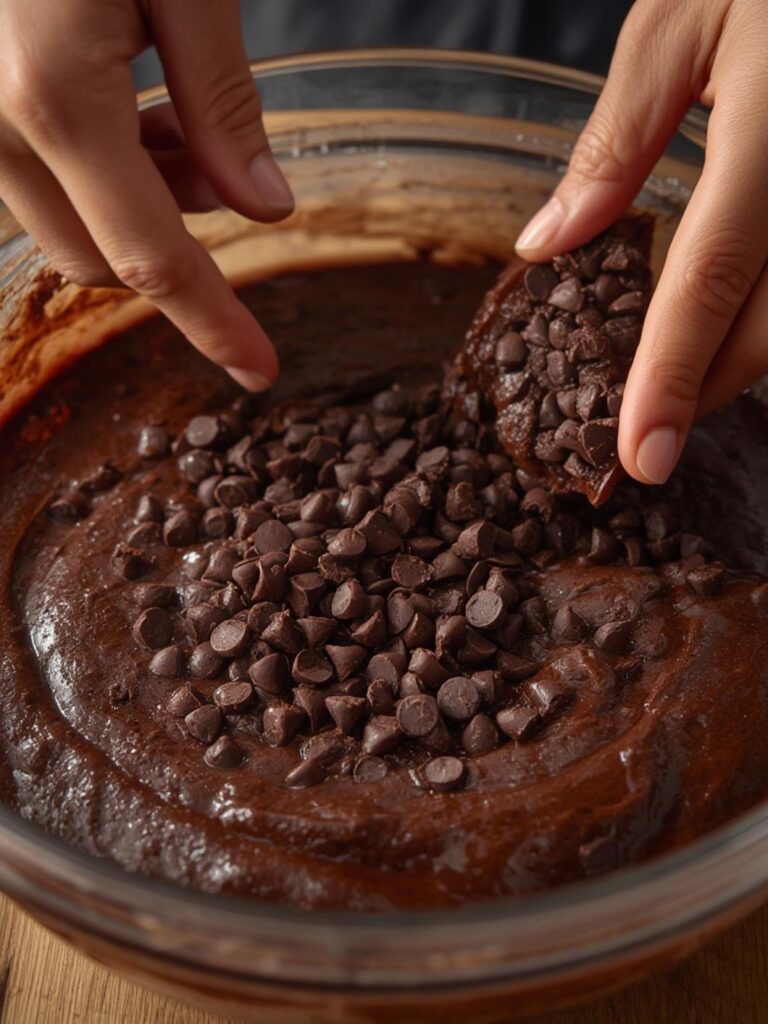 Mixing chocolate chips into healthy avocado brownie batter.