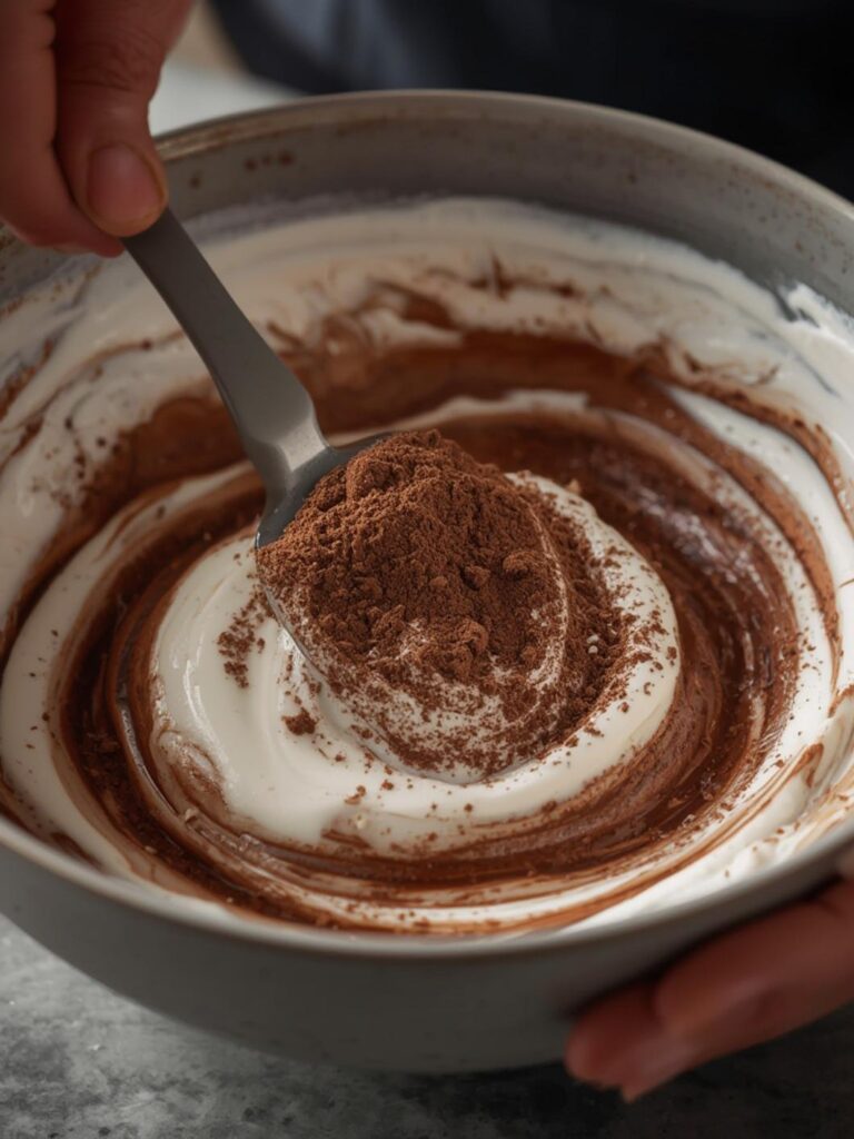 Mixing chocolate protein powder into Greek yogurt for mousse