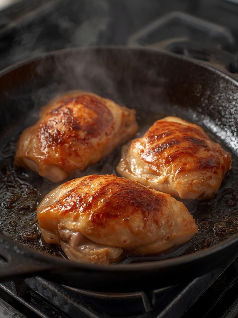 Searing chicken thighs skin-side down in a hot skillet