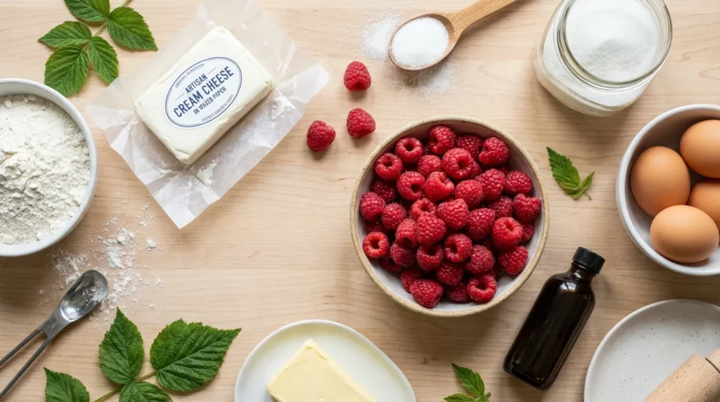 A flat lay of fresh ingredients for raspberry and cream cheese muffins, including raspberries, cream cheese, flour, and eggs.