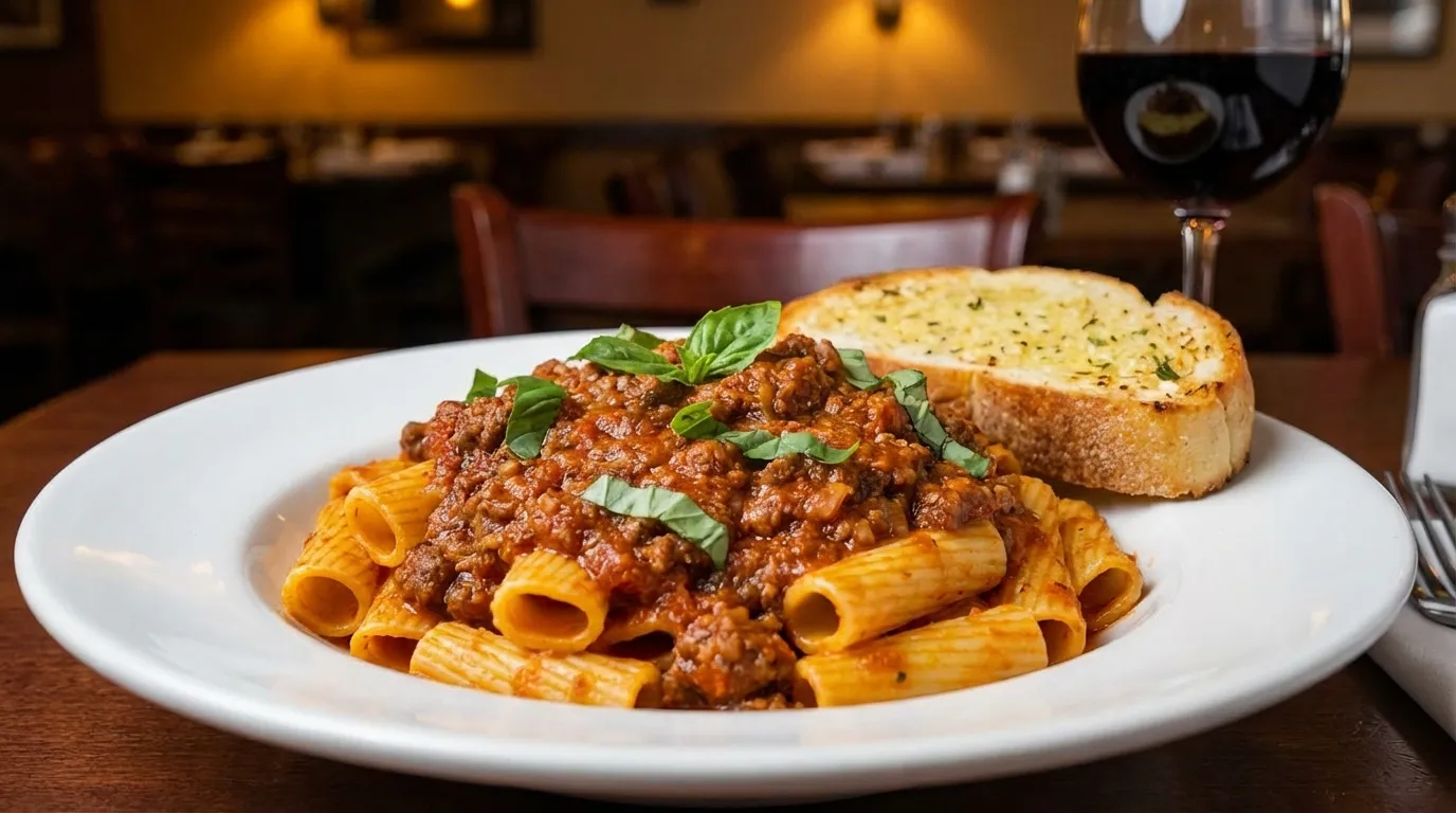 Plated pasta with rich meat sauce recipe and garlic bread