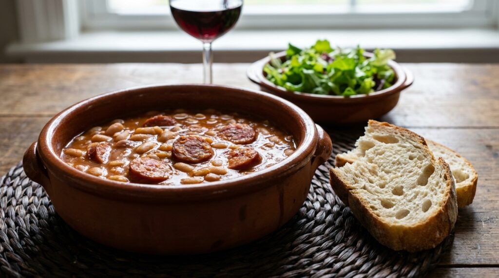A bowl of Portuguese Beans with Linguica served with crusty bread and a side salad.