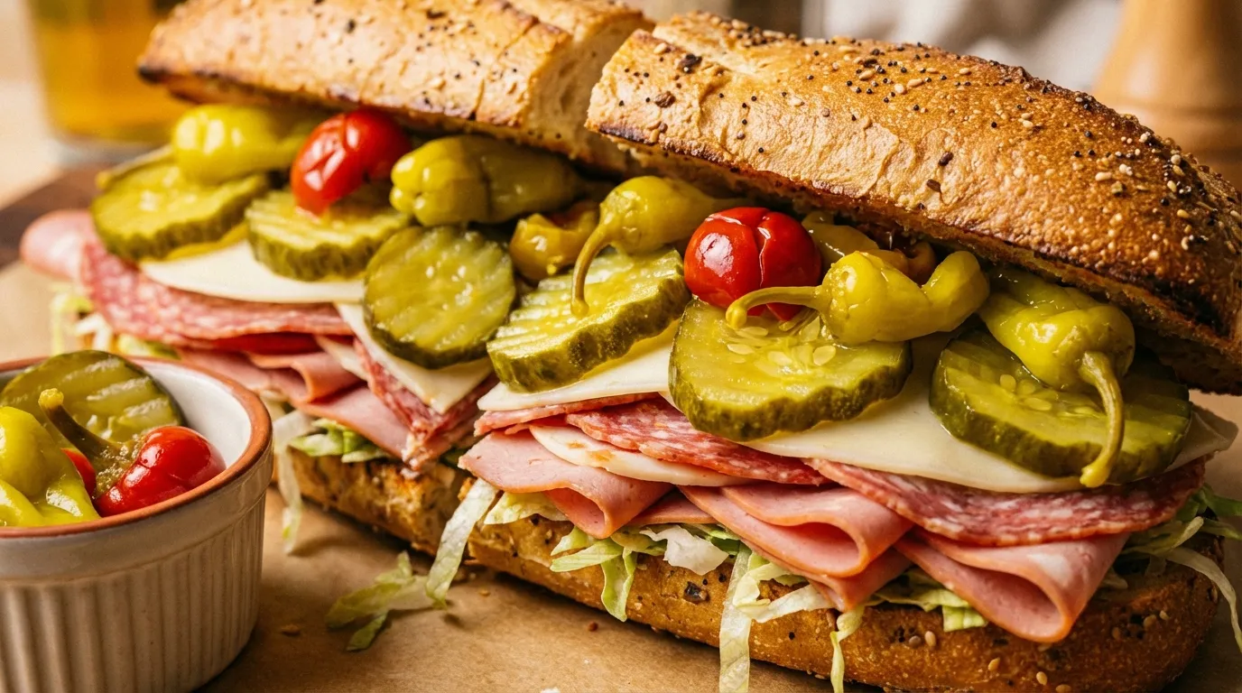 Italian sandwich topped with crunchy pickles and peppers recipe