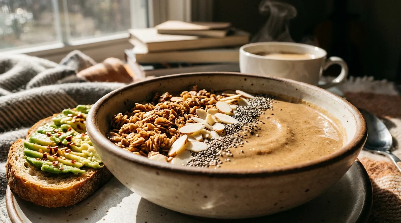 Coffee smoothie recipe served as a bowl with avocado toast pairing