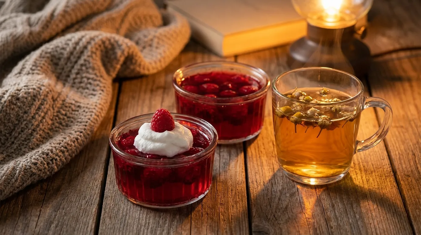 Gelatin weight loss recipe served in glass ramekins with tea