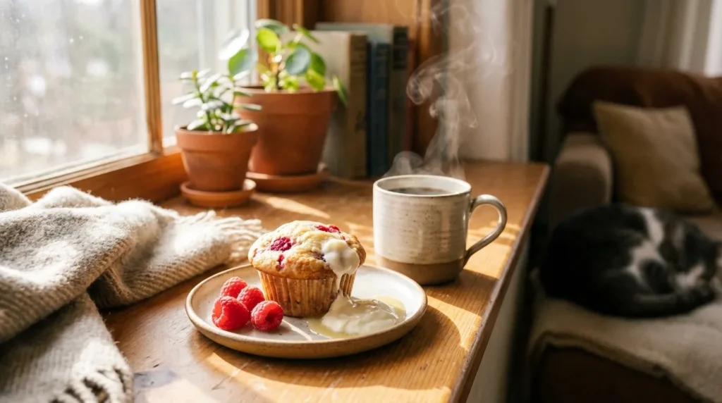 A warm raspberry and cream cheese muffin on a plate next to a steaming mug of coffee.
