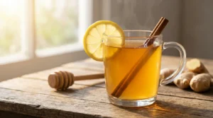 glass mug filled with zesty apple cider vinegar drink recipe garnished with lemon and cinnamon