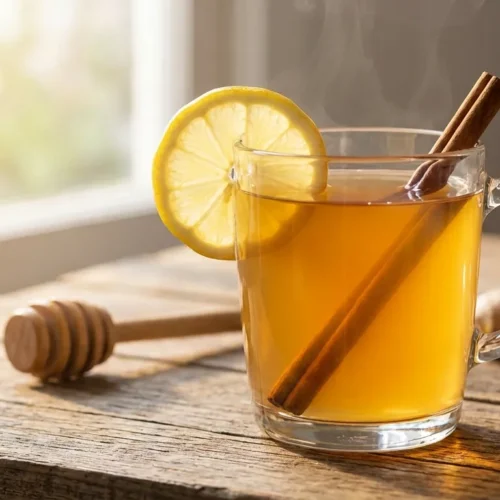 glass mug filled with zesty apple cider vinegar drink recipe garnished with lemon and cinnamon