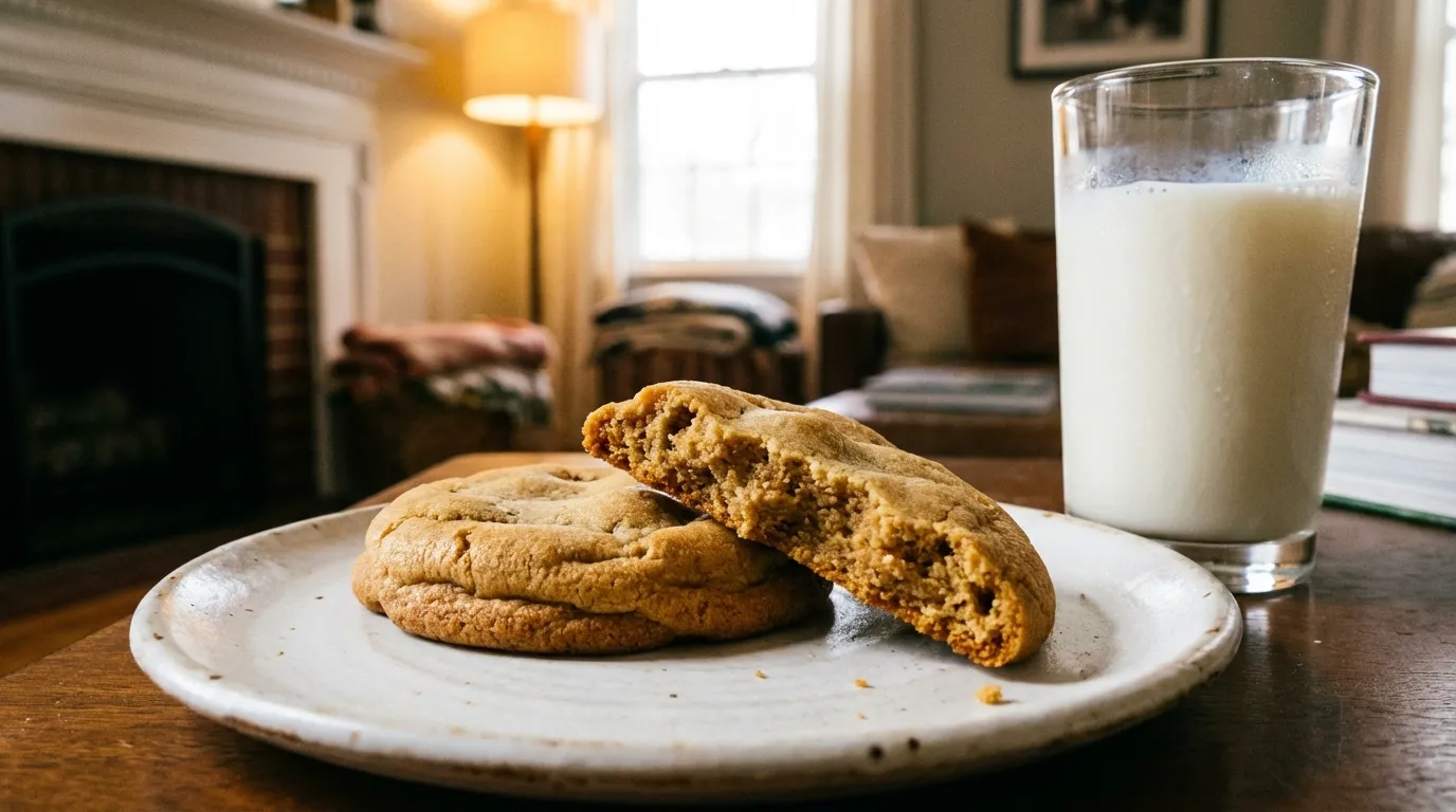 Serving suggestion for a chipless cookies recipe with a glass of milk.