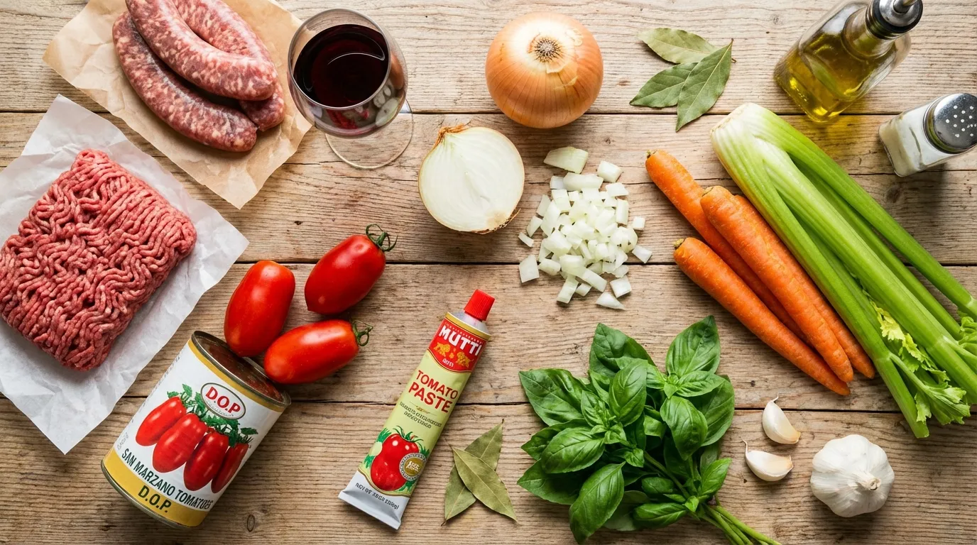 Fresh ingredients for easy meat sauce recipe including beef and vegetables