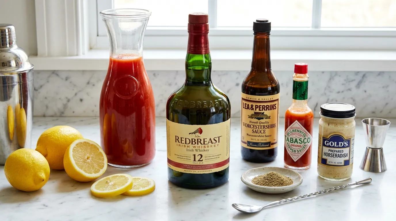 Ingredients for bloody molly recipe including Irish whiskey and tomato juice