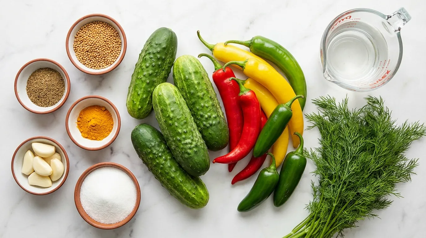Fresh ingredients for the best pickled peppers recipe including cucumbers and spices