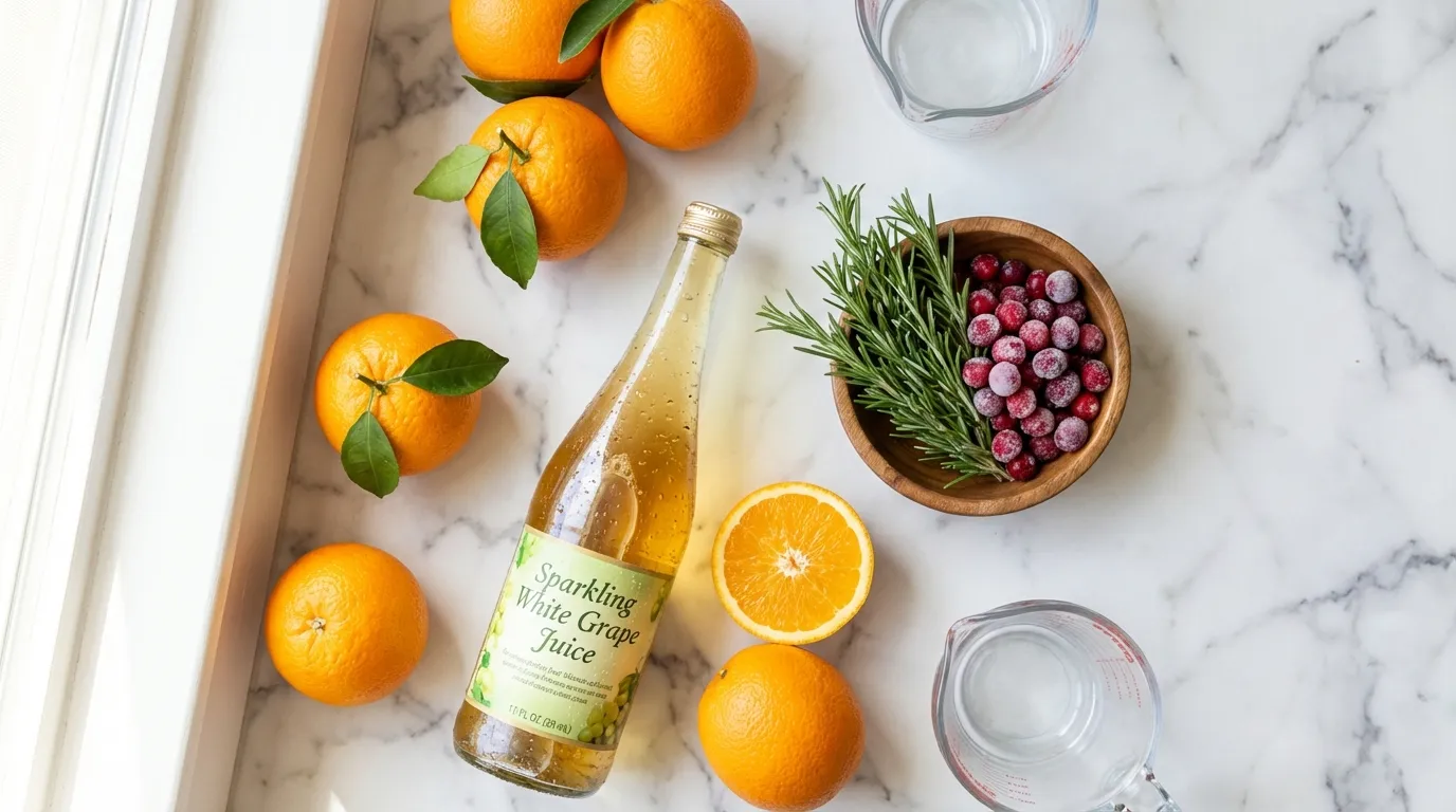 Fresh Valencia oranges and sparkling grape juice used in this mockmosa recipe.