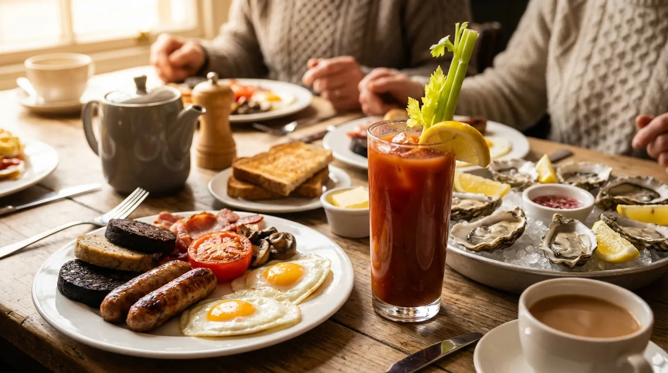 Bloody molly recipe served with full Irish breakfast and oysters