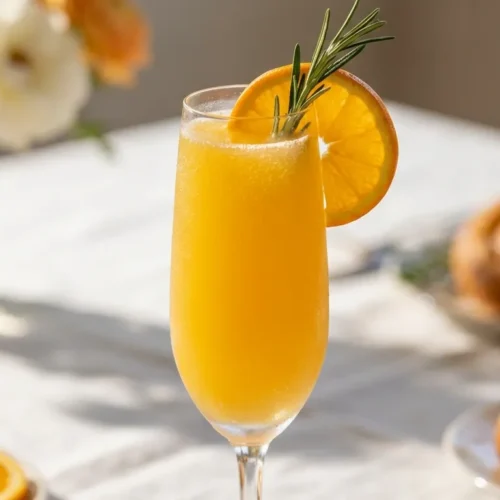 A chilled champagne flute filled with a sparkling mockmosa recipe garnished with an orange slice.