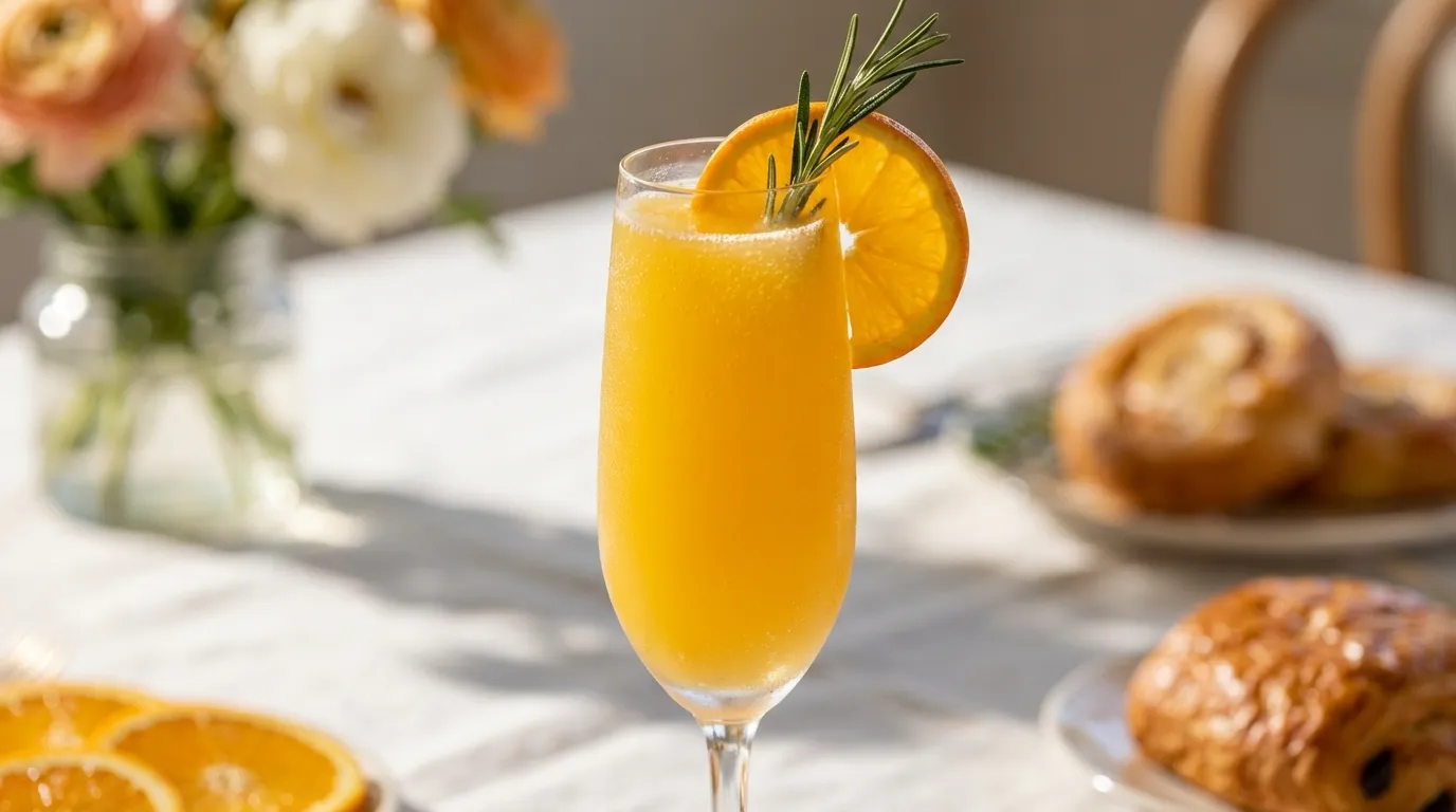 A chilled champagne flute filled with a sparkling mockmosa recipe garnished with an orange slice.