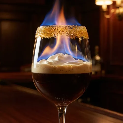 Flaming spanish coffee recipe with caramelized sugar rim