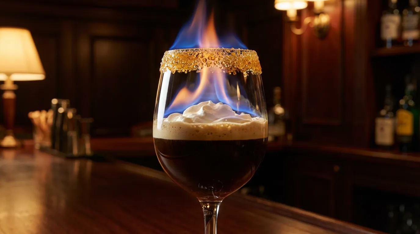 Flaming spanish coffee recipe with caramelized sugar rim