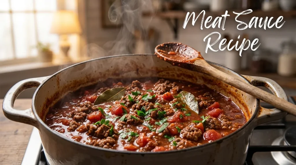 Rich and thick meat sauce recipe simmering in a pot