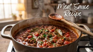 Rich and thick meat sauce recipe simmering in a pot