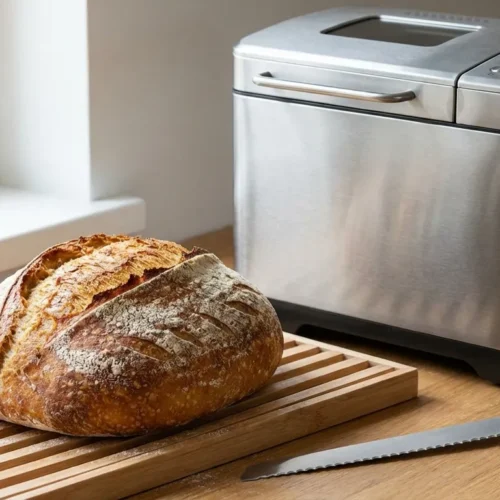 Rustic sourdough bread machine recipe loaf on a cooling rack