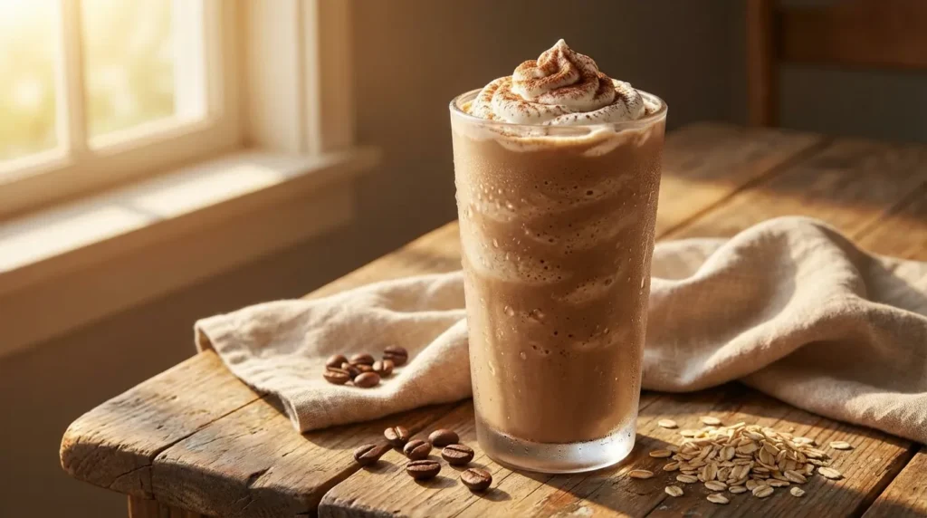 Creamy coffee smoothie recipe in a tall glass with coffee beans