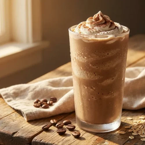 Creamy coffee smoothie recipe in a tall glass with coffee beans