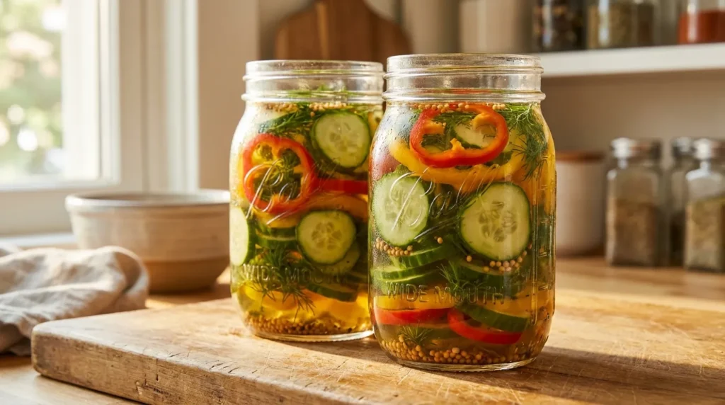 Jars of homemade pickles and peppers recipe ready for the refrigerator
