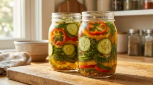 Jars of homemade pickles and peppers recipe ready for the refrigerator