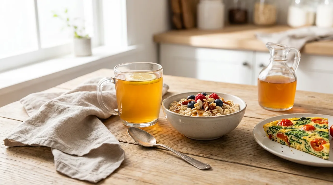 apple cider vinegar drink recipe served alongside a healthy oatmeal breakfast