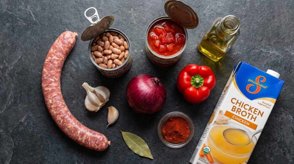 Flat lay of fresh ingredients for Portuguese Beans with Linguica: linguica, beans, tomatoes, onion, garlic, paprika.
