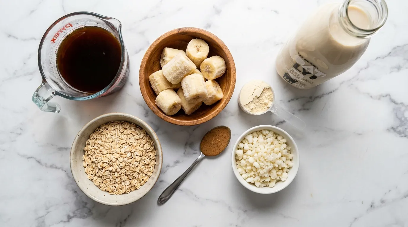 Ingredients for the best coffee smoothie recipe including cold brew and frozen banana