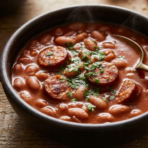A close-up shot of a rustic bowl filled with Portuguese Beans with Linguica, garnished with fresh parsley.
