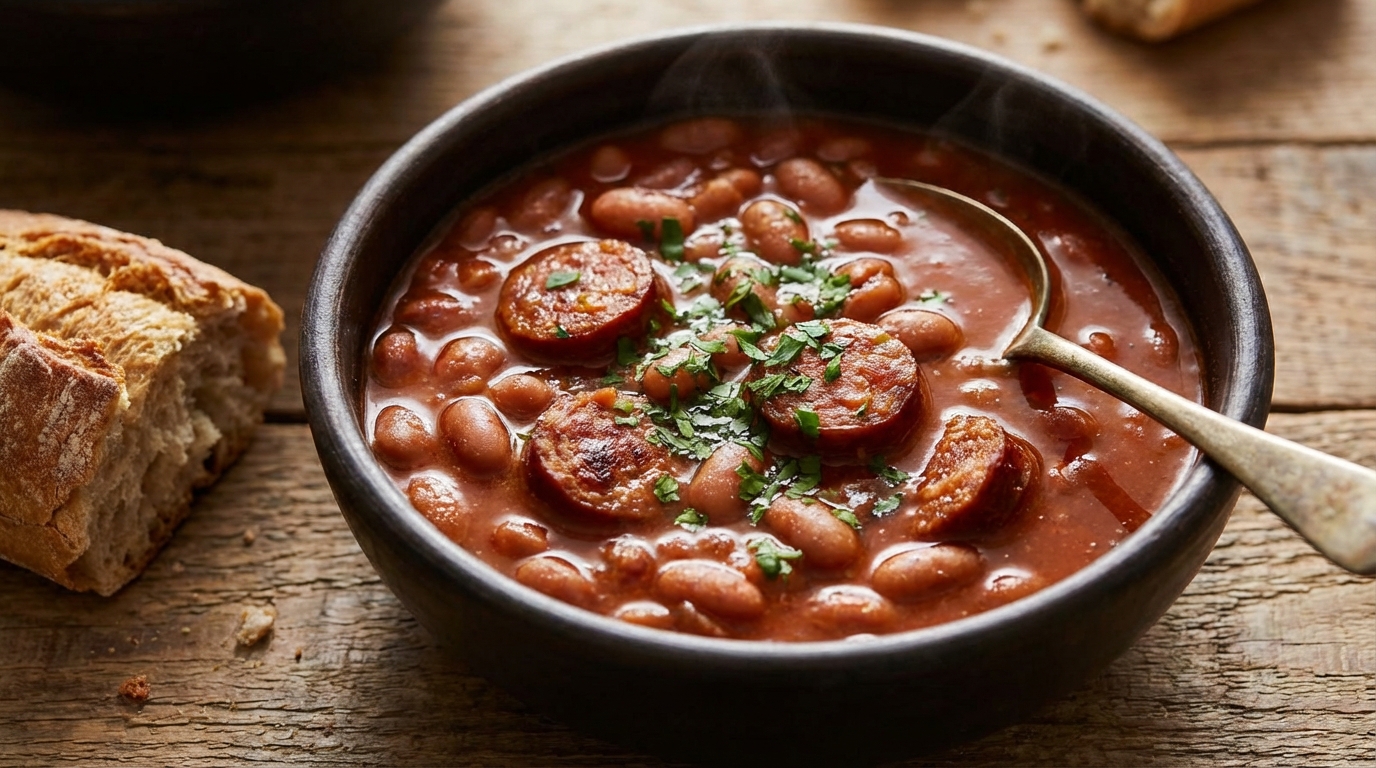 A close-up shot of a rustic bowl filled with Portuguese Beans with Linguica, garnished with fresh parsley.