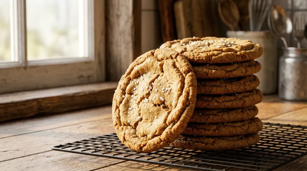A stack of freshly baked cookies from a chewy chipless cookies recipe.