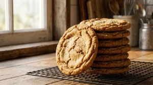 A stack of freshly baked cookies from a chewy chipless cookies recipe.