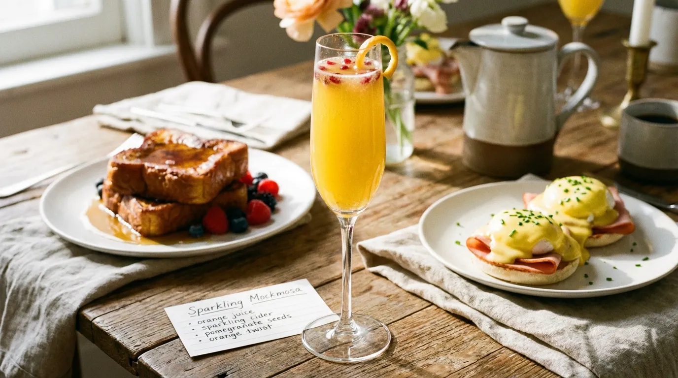 A mockmosa recipe served alongside French toast and Eggs Benedict at a brunch table.