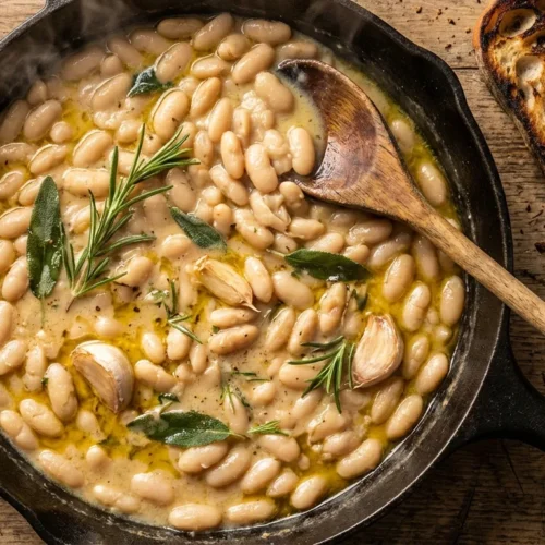 Creamy garlic and herb white beans recipe in a skillet with sourdough toast