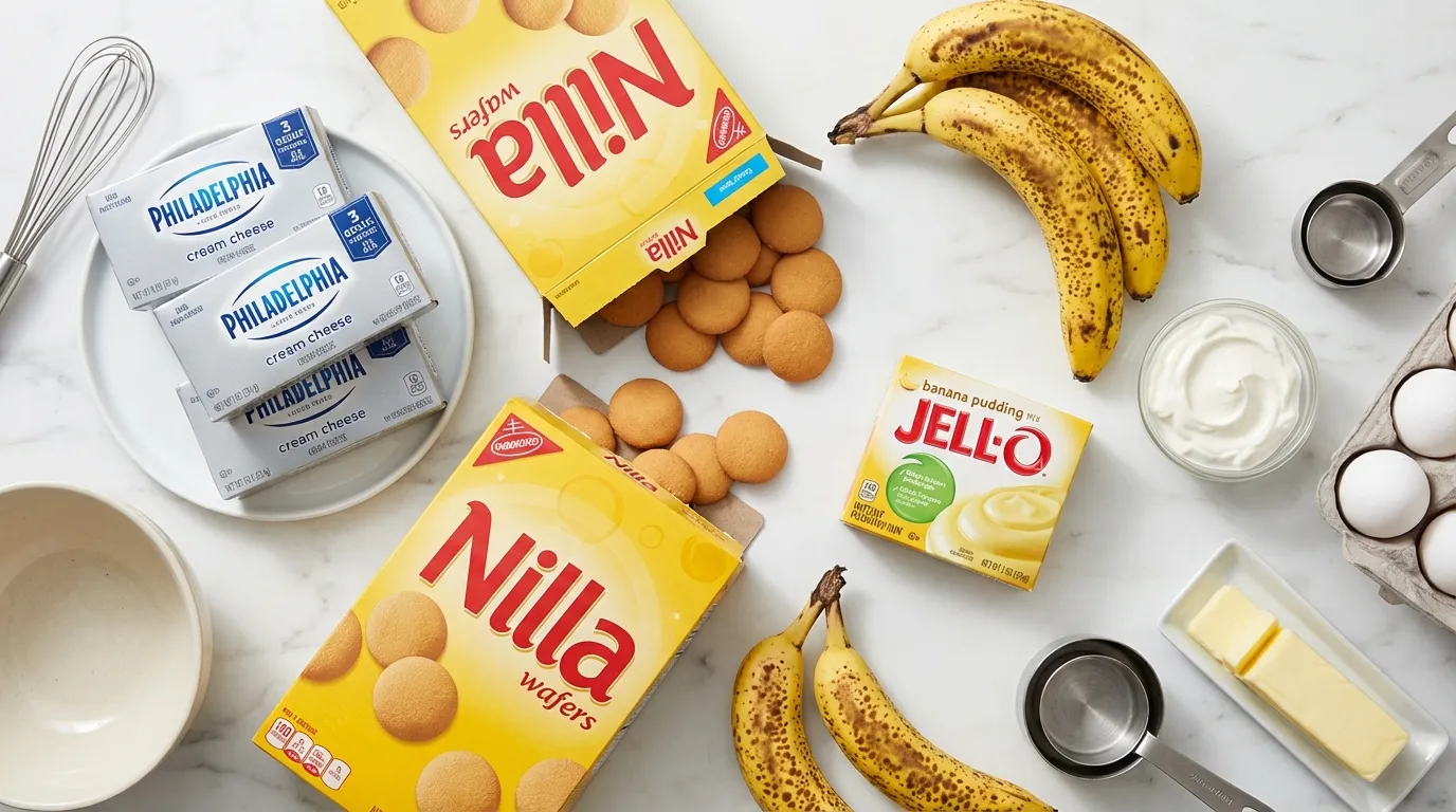Ingredients for banana pudding cheesecake recipe including ripe bananas and pudding mix