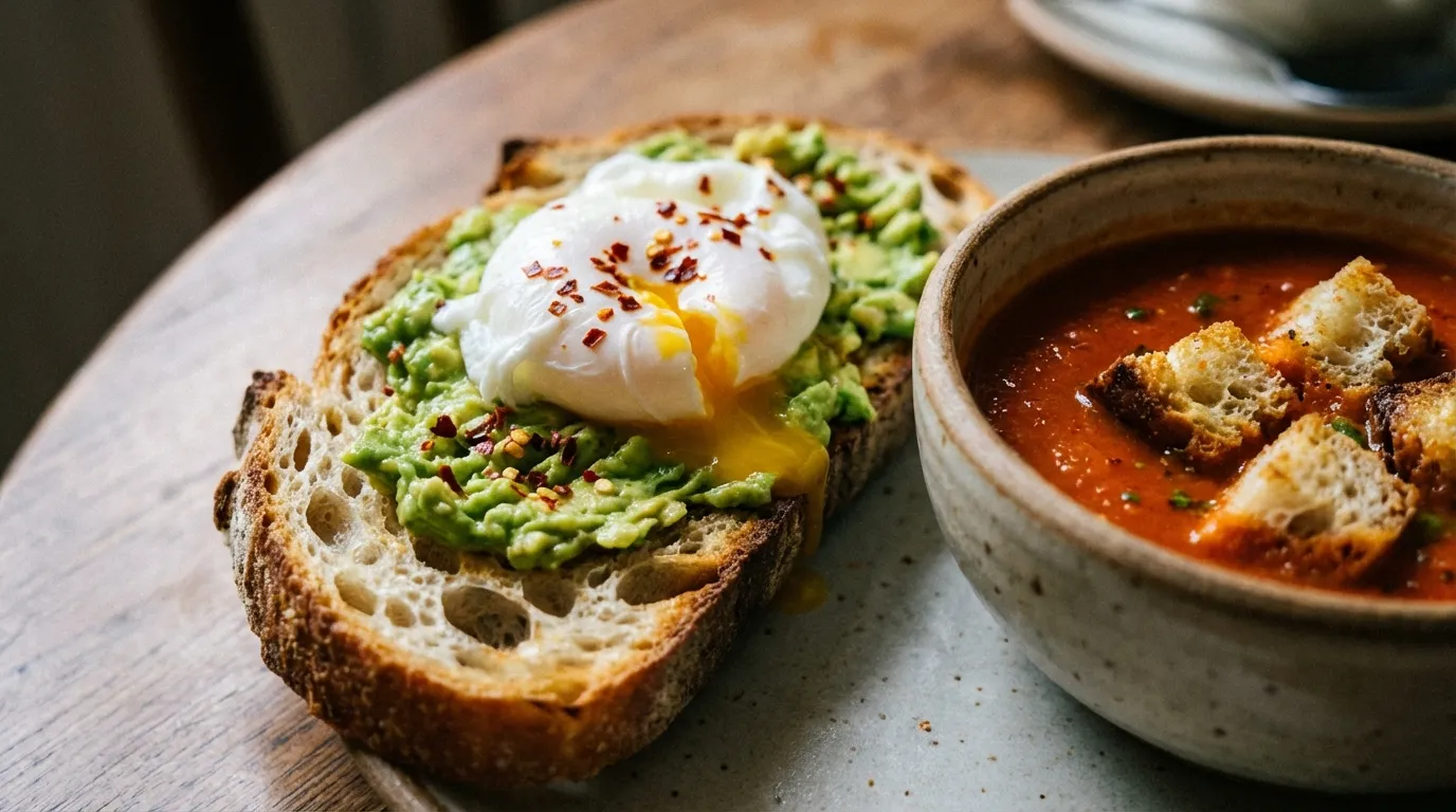Serving suggestion for sourdough bread machine recipe with avocado toast and soup