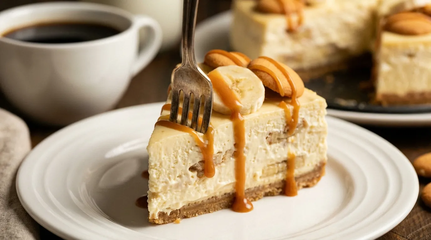 Slice of banana pudding cheesecake recipe served with coffee