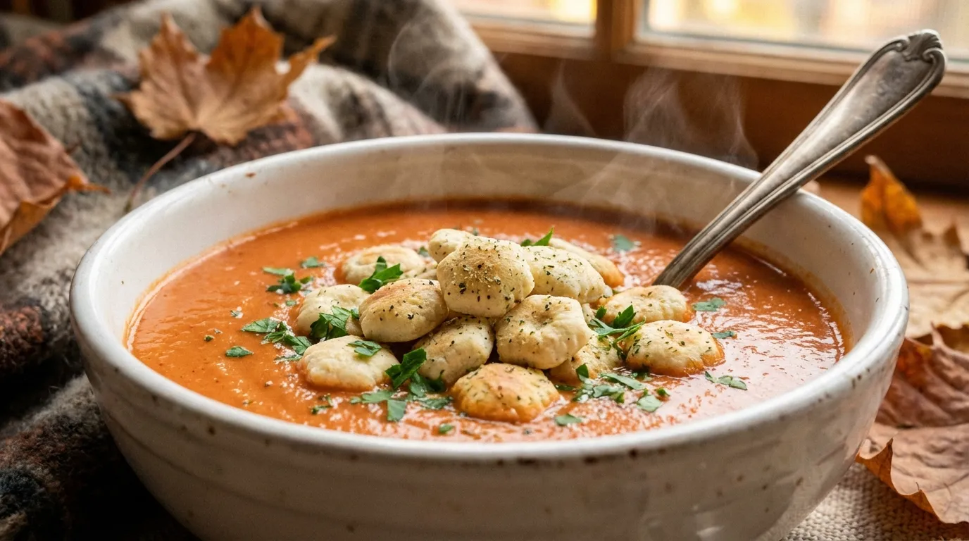 Creamy tomato soup topped with ranch oyster cracker recipe