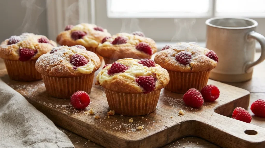 A close-up of two golden-brown raspberry and cream cheese muffins on a rustic wooden board, with one cut open to show the creamy filling.