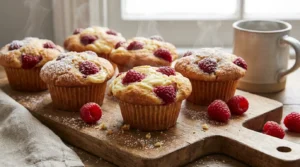 A close-up of two golden-brown raspberry and cream cheese muffins on a rustic wooden board, with one cut open to show the creamy filling.