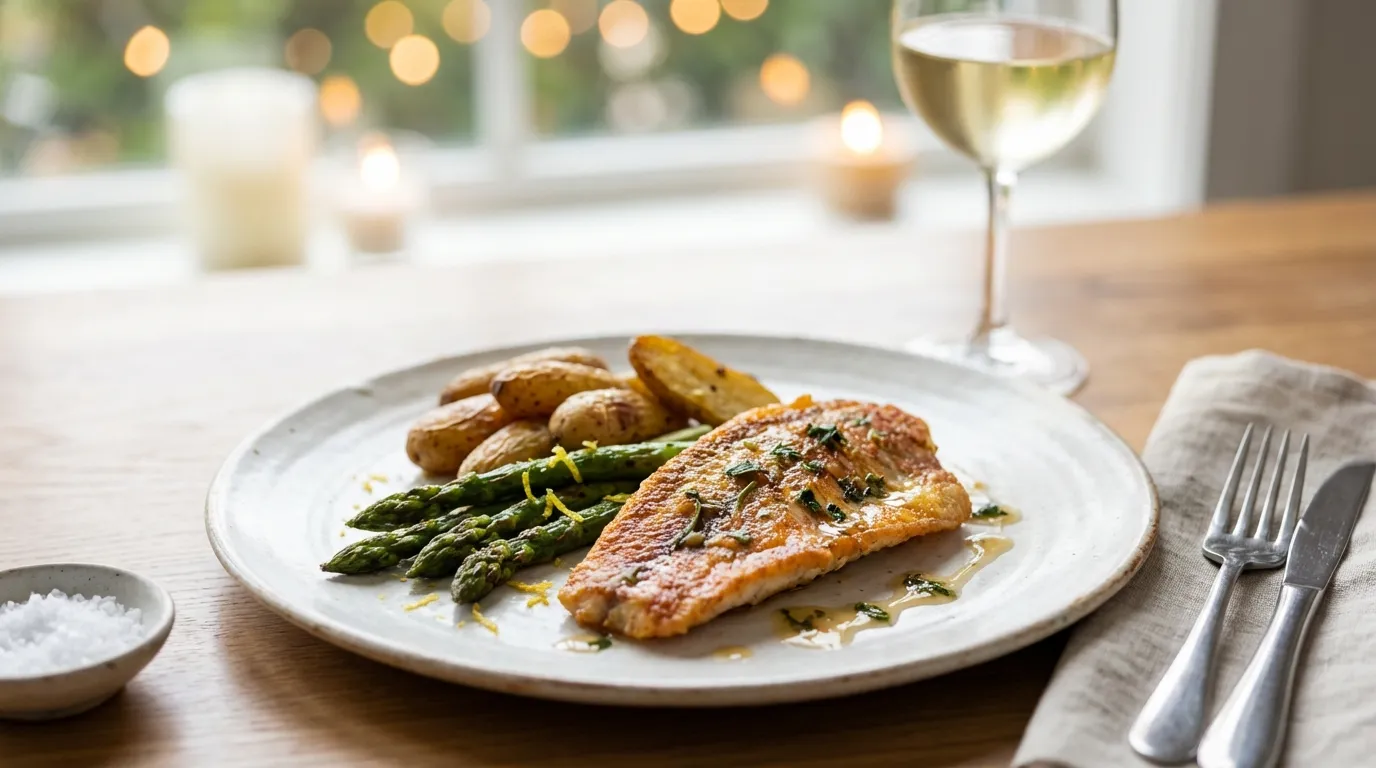 Plated scarlet snapper recipe served with asparagus and potatoes